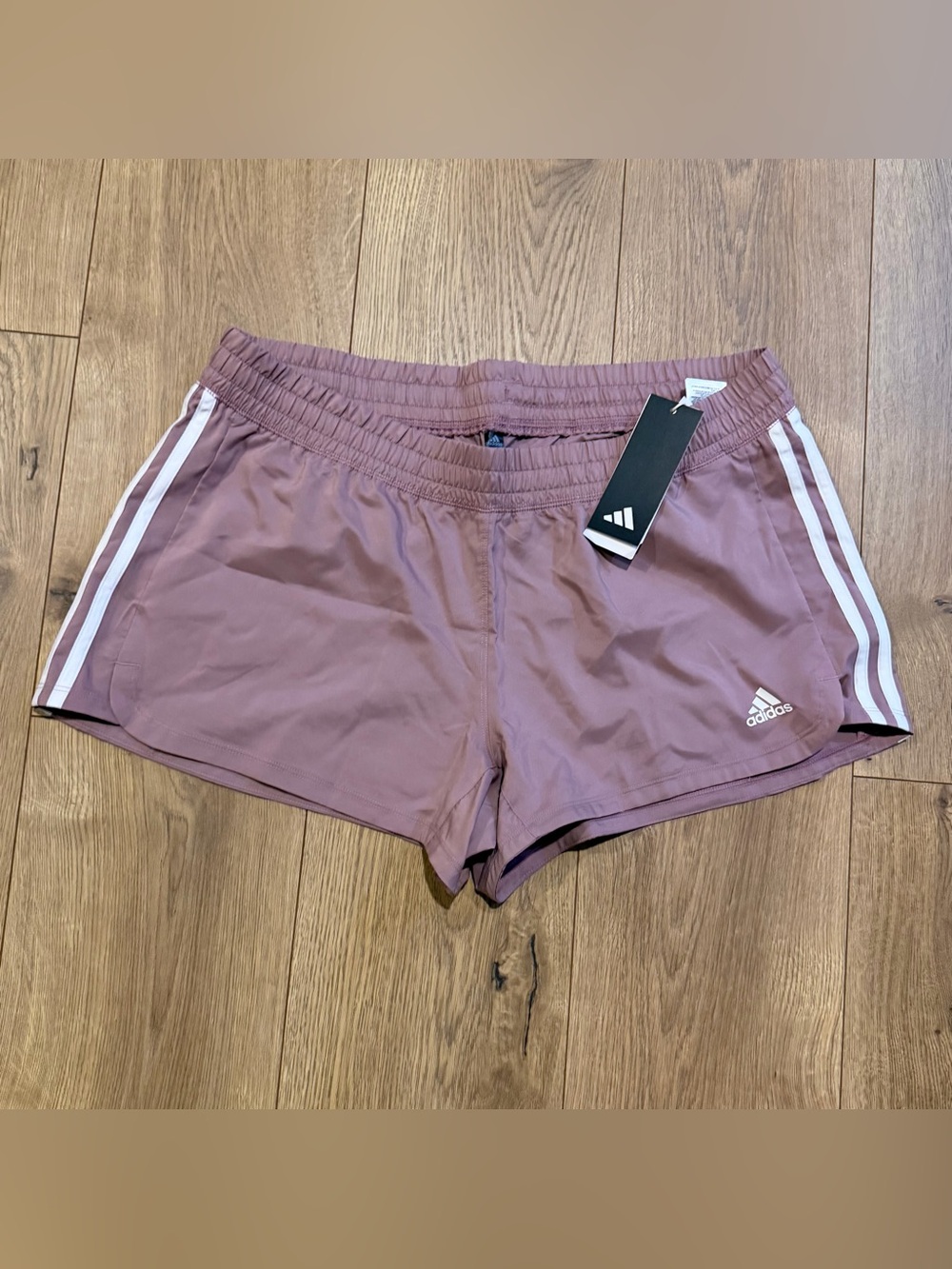 NWT Adidas Pacer 3-Stripe Woman's
Woven Shorts Dusty Rose Activewear Logo L